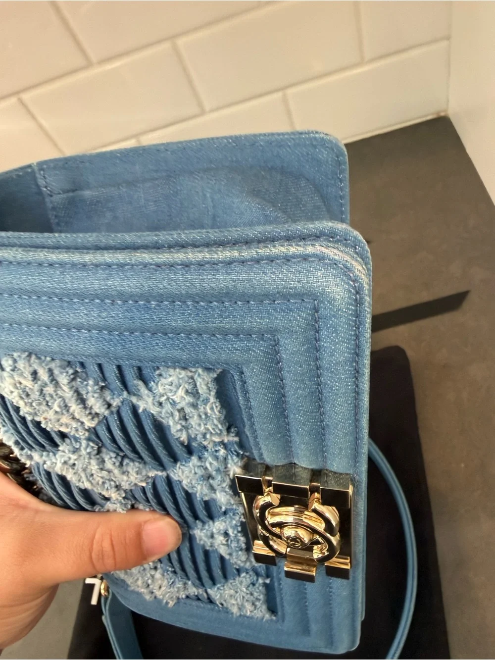 CHANEL Pleated Blue Denim Small Boy Bag with Champagne Gold Hardware